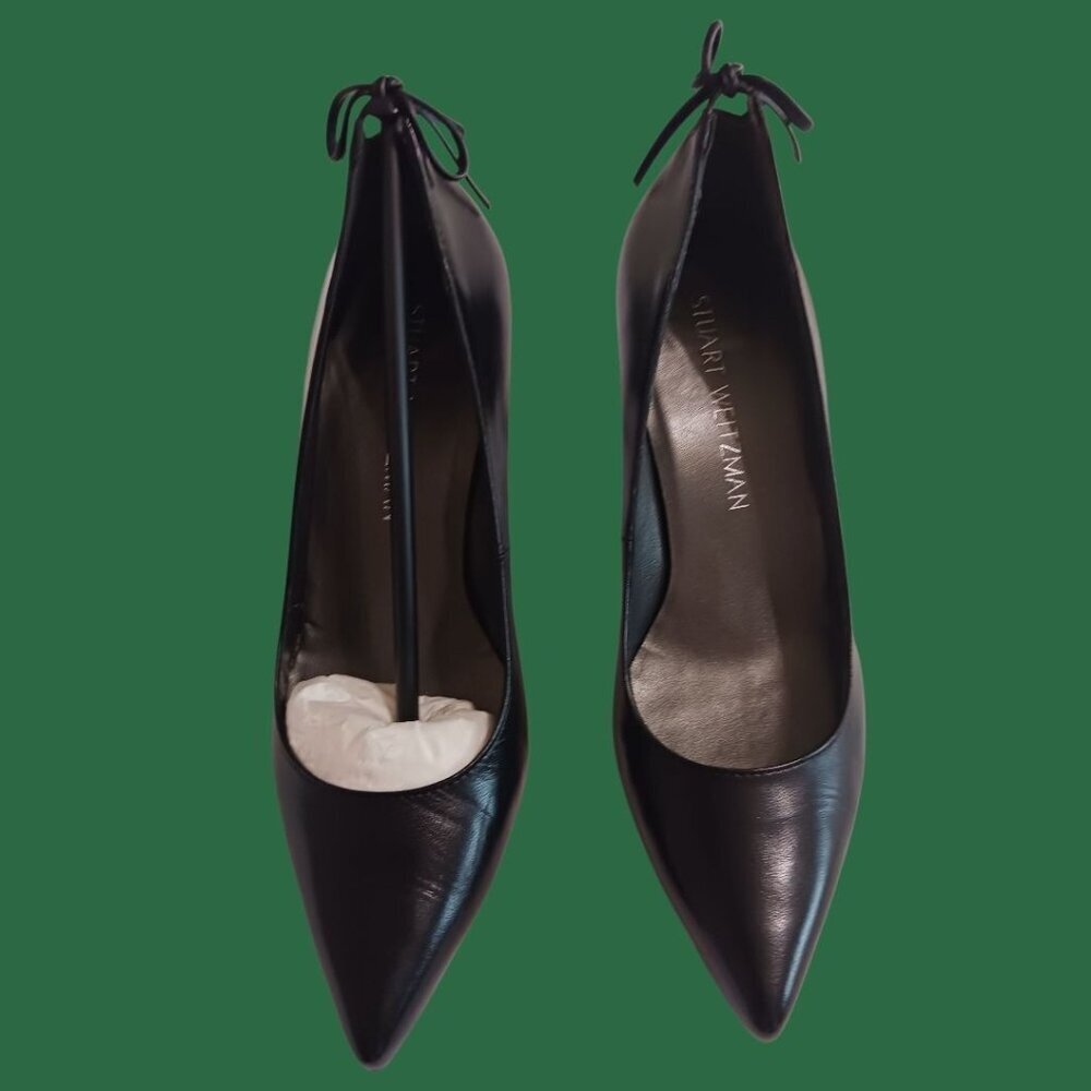 Stuart Weitzman Peekamid Leather Pointed Toe Heels Bow Detail Blk Size 36.5/6